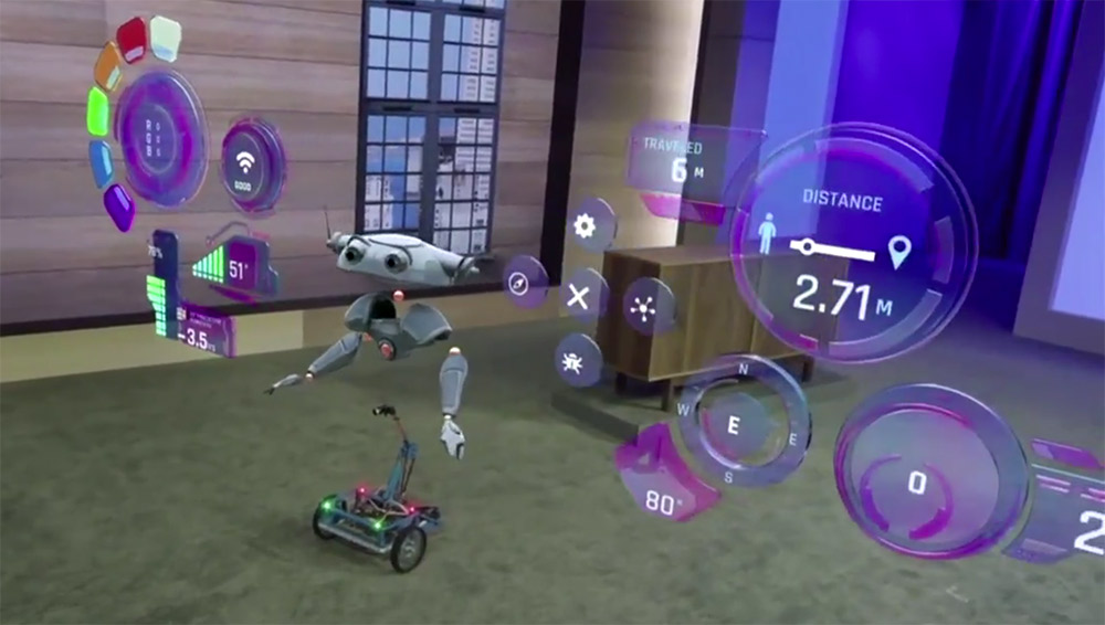 Microsoft HoloLens showing a 3D rendered robot and user interface in augmented reality.