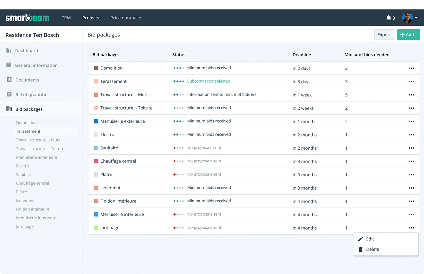 Smartbeam desktop view - bid packages