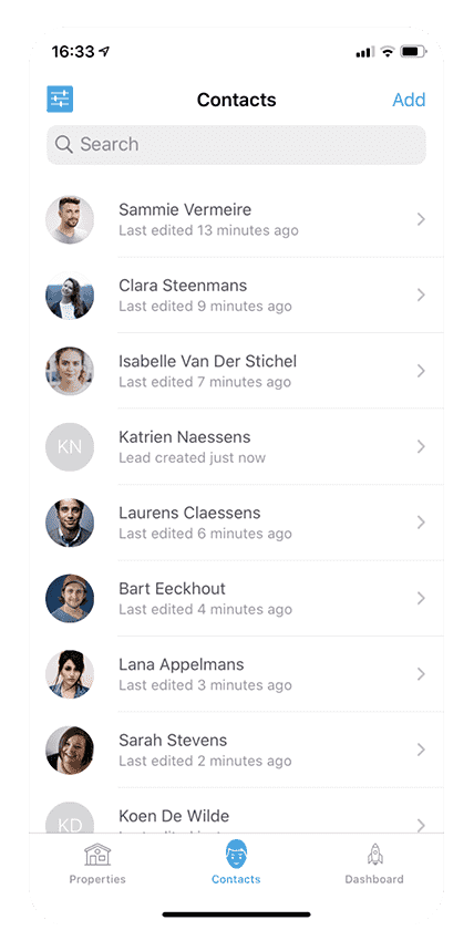 SweepBright app - Contacts list